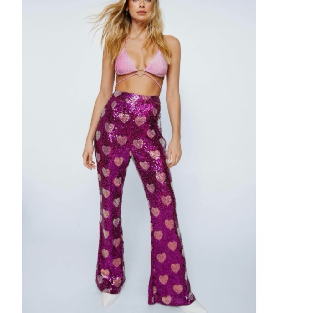 Nasty Gal Pink Heart Sequin Beaded Flare Pants